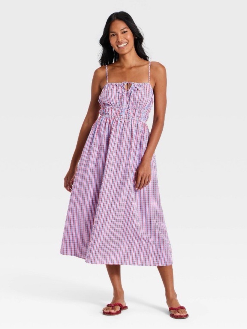 Smocked Gingham Maxi Dress in Red, White, and Blue